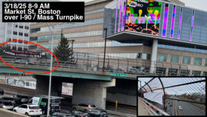 Amrket St BRidge boston 20250318 ‣ I Have An Idea Wake-up America. Fascism is coming to the U.S.A. banner over the highway